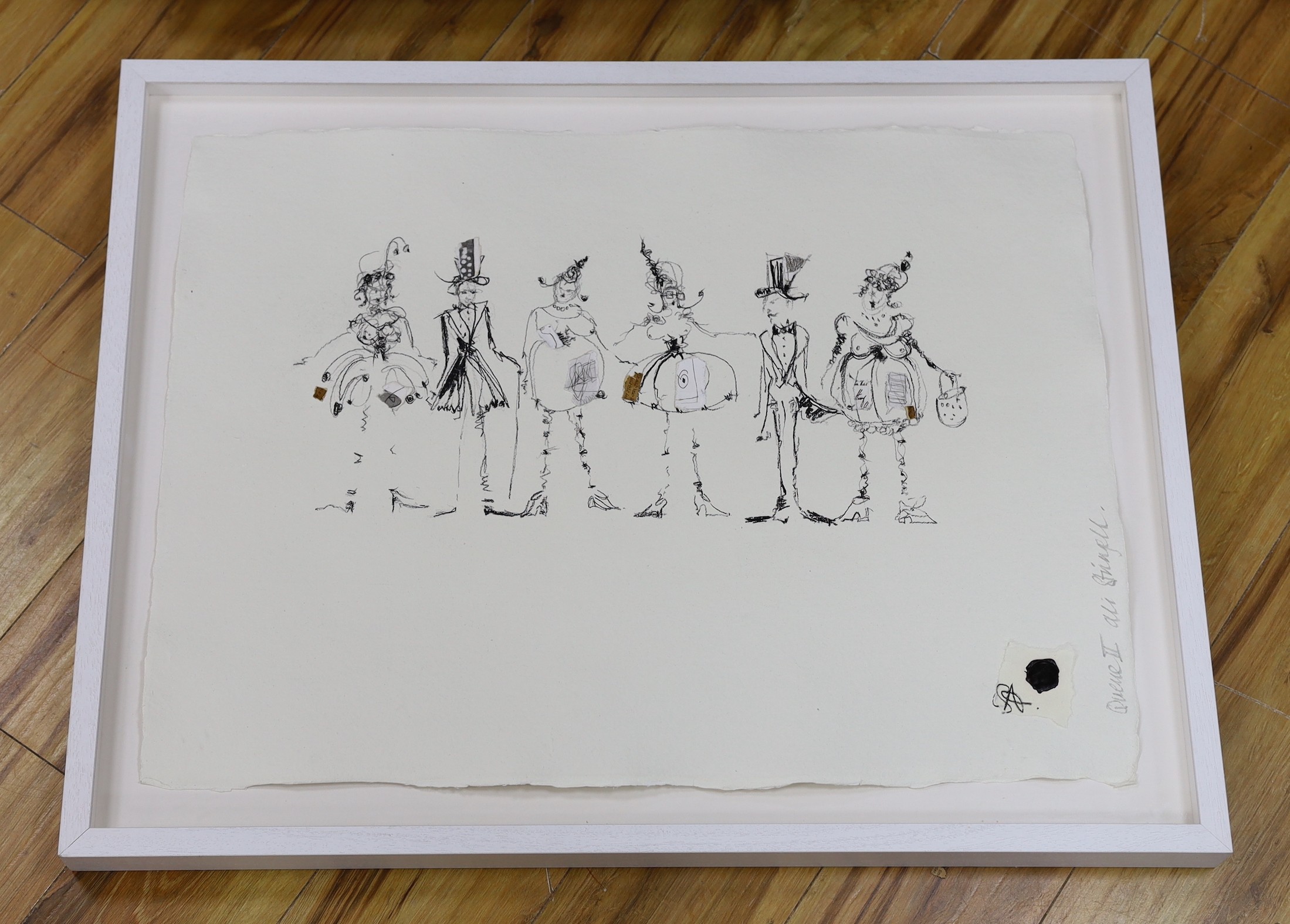 Ali Stringell, mixed media on paper, 'Queue II', signed, 56 x 77cm